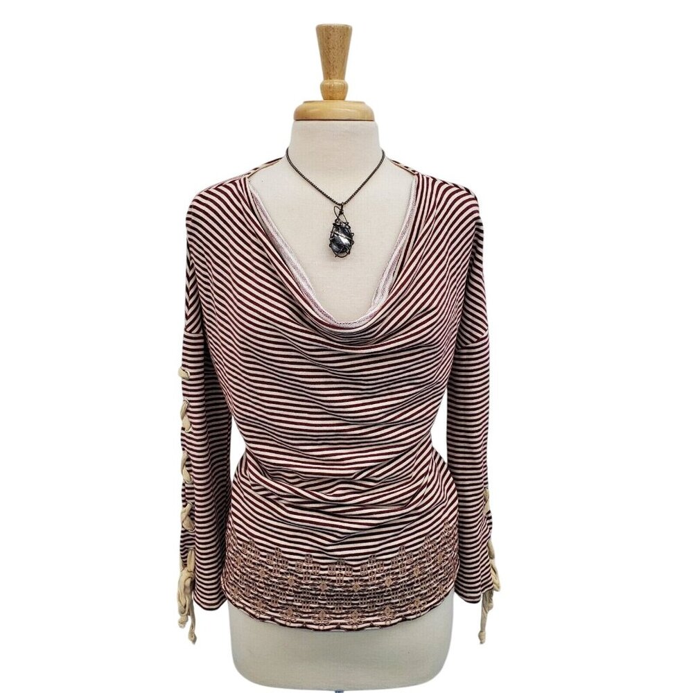 POL Womens Embroidered Lace Up Sleeve Scoop Neck Sweater Size M Burgundy & Cream